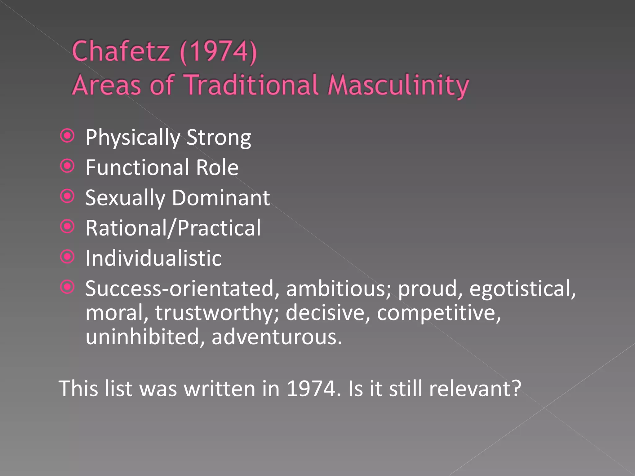 Physically Strong Functional Role Sexually Dominant Rational/Practical  Individualistic Success-orientated, ambitious; proud, egotistical, moral, trustworthy; decisive, competitive, uninhibited, adventurous.  This list was written in 1974. Is it still relevant? 