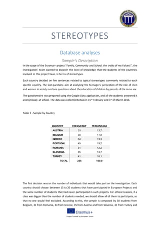 Project Funded by European Union
STEREOTYPES
Database analyses
Sample’s Description
In the scope of the Erasmus+ project “Family, Community and School: the troika of my Values!”, the
investigators’ team wanted to discover the level of knowledge that the students of the countries
involved in this project have, in terms of stereotypes.
Each country decided on five sentences related to typical stereotypes commonly related to each
specific country. The last questions aim at analyzing the teenagers` perception of the role of men
and women in society and one questions about theeducation of children by parents of the same sex.
The questionnaire was prepared using the Google Docs application, and all the students answered it
anonymously at school. The data was collected between 15th February and 1st of March 2016.
Table 1 - Sample by Country
COUNTRY FREQUENCY PERCENTAGE
AUSTRIA 35 13,7
BELGIUM 30 11,8
GREECE 34 13,3
PORTUGAL 49 19,2
ROMANIA 31 12,2
SLOVENIA 35 13,7
TURKEY 41 16,1
TOTAL 255 100,0
The first decision was on the number of individuals that would take part on the investigation. Each
country should choose between 15 to 20 students that have participated in European Projects and
the same number of students that had never participated in such projects. For ethical reasons, if a
class was bigger than the number of students needed, we should allow all of them to participate, so
that no one would feel excluded. According to this, the sample is composed by 30 students from
Belgium, 31 from Romania, 34 from Greece, 35 from Austria and from Slovenia, 41 from Turkey and
 