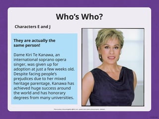 Who’s Who?
Characters E and J
They are actually the
same person!
Dame Kiri Te Kanawa, an
international soprano opera
singer, was given up for
adoption at just a few weeks old.
Despite facing people’s
prejudices due to her mixed
heritage parentage, Kanawa has
achieved huge success around
the world and has honorary
degrees from many universities.
Photo courtesy of discoveringability (@flickr.com) - granted under creative commons licence – attribution
 