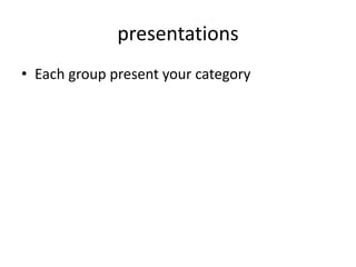 presentations
• Each group present your category
 