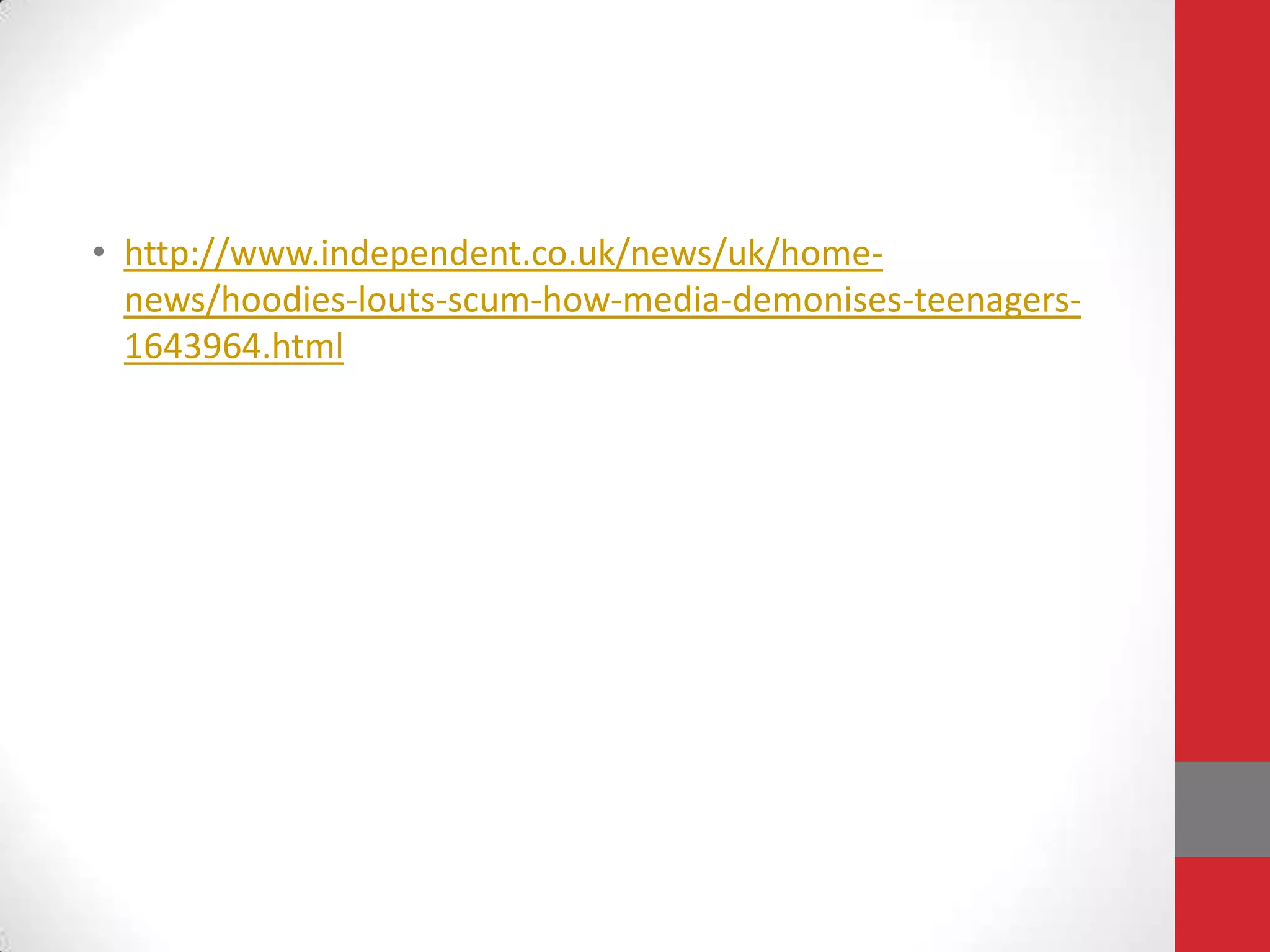 Or could it be that young people growing up in this country are being deliberately misunderstood by politicians and headline writers who wish to use them to suit their own ends?Not one of these fears appears to be borne out by the facts!According to NACRO, the penal reform charity, youth crime actually fell between 1993 and 2001 while Britain has one of the lowest crime rates among children in the whole of Europe.Tony Blair's "respect" campaign and the national "respect squad" set up by John Reid, only reinforced the adult fear factor of teenagers, a condition the report refers to as paedophobia.Labour, spurred on by sensational headlines about gangs of teenagers terrorising neighbourhoods, have been quick to turn soundbites into actions and introduced criminal justice measures deliberately targeting problem children.Since 1999, 2,000 Asbos have been issued against young people