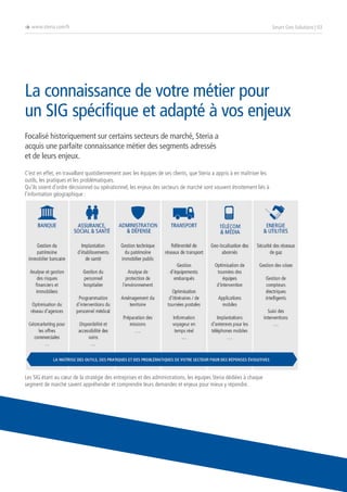 è www.steria.com/fr

Smart Geo Solutions | 03

La connaissance de votre métier pour
un SIG spécifique et adapté à vos enjeux
Focalisé historiquement sur certains secteurs de marché, Steria a
acquis une parfaite connaissance métier des segments adressés
et de leurs enjeux.
C’est en effet, en travaillant quotidiennement avec les équipes de ses clients, que Steria a appris à en maîtriser les
outils, les pratiques et les problématiques.
Qu’ils soient d’ordre décisionnel ou opérationnel, les enjeux des secteurs de marché sont souvent étroitement liés à
l’information géographique :

Les SIG étant au cœur de la stratégie des entreprises et des administrations, les équipes Steria dédiées à chaque
segment de marché savent appréhender et comprendre leurs demandes et enjeux pour mieux y répondre.

 