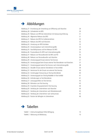 Seite 6 von 48© Steria Mummert Consulting AG  www.steria-mummert.de
	 VORWORT
	 Abbildungen
	 Tabellen
	Abbildung 37:	 Einschätzung der Entwicklung von Offshoring nach Branchen	 29
	Abbildung 38:	 Zufriedenheit mit BPO	 30
	Abbildung 39:	 Relevanz von BPO bei Unternehmen mit Outsourcing-Erfahrung	 31
	Abbildung 40:	 Allgemeine Relevanz des BPO	 31
	Abbildung 41:	 Relevanz des BPO für Großunternehmen	 32
	Abbildung 42:	 Relevanz des BPO nach Branchen	 32
	Abbildung 43:	 Umsetzung von BPO-Vorhaben	 33
	Abbildung 44:	 Umsetzungsdauer nach Unternehmensgröße	 33
	Abbildung 45:	 Geschäftsprozesse und ihre Relevanz für BPO	 34
	Abbildung 46:	 Prozessrelevanz für BPO nach Unternehmensgröße	 35
	Abbildung 47:	 Relevanz von Personaltransfer bei BPO und ITO	 35
	Abbildung 48:	 Relevanz von Personaltransfer nach Branchen	 36
	Abbildung 49:	 Umsetzungsgrad Einsatz externer Test-Services	 37
	Abbildung 50:	 Umsetzungsgrad beim Einsatz externer Test-Dienstleister nach Branchen	 37
	Abbildung 51:	 Umsetzungsgrad externe Test-Services nach Unternehmensgröße	 38
	Abbildung 52:	 Aktueller Einsatz externer Dienstleister im Test-Umfeld	 39
	Abbildung 53:	 Hemmnisse für den Einsatz von externen Test-Services	 40
	Abbildung 54:	 Gründe gegen Outsourcing an Shoring-Dienstleister	 40
	Abbildung 55:	 Umsetzungsgrad von Shoring-Modellen im Test-Umfeld	 41
	Abbildung 56:	 Anforderungen an Test-Dienstleister	 41
	Abbildung 57:	 Leistungsportfolio von Test-Services	 43
	Abbildung 58:	 Motivation zum Test-Sourcing	 43
	Abbildung 59:	 Erwartetes Einsparpotential im Test-Sourcing	 44
	Abbildung 60:	 Verteilung der Unternehmen nach Branchen	 44
	Abbildung 61:	 Verteilung der Unternehmen nach Mitarbeiteranzahl	 45
	Abbildung 62:	 Verteilung der Unternehmen nach Jahresumsatz	 45
	Abbildung 63:	 Position der Befragten im Unternehmen	 46
	 Tabelle 1:	 Untersuchungsdesign Online-Befragung	 10
	 Tabelle 2:	 Abkürzung und Bedeutung	 10
 