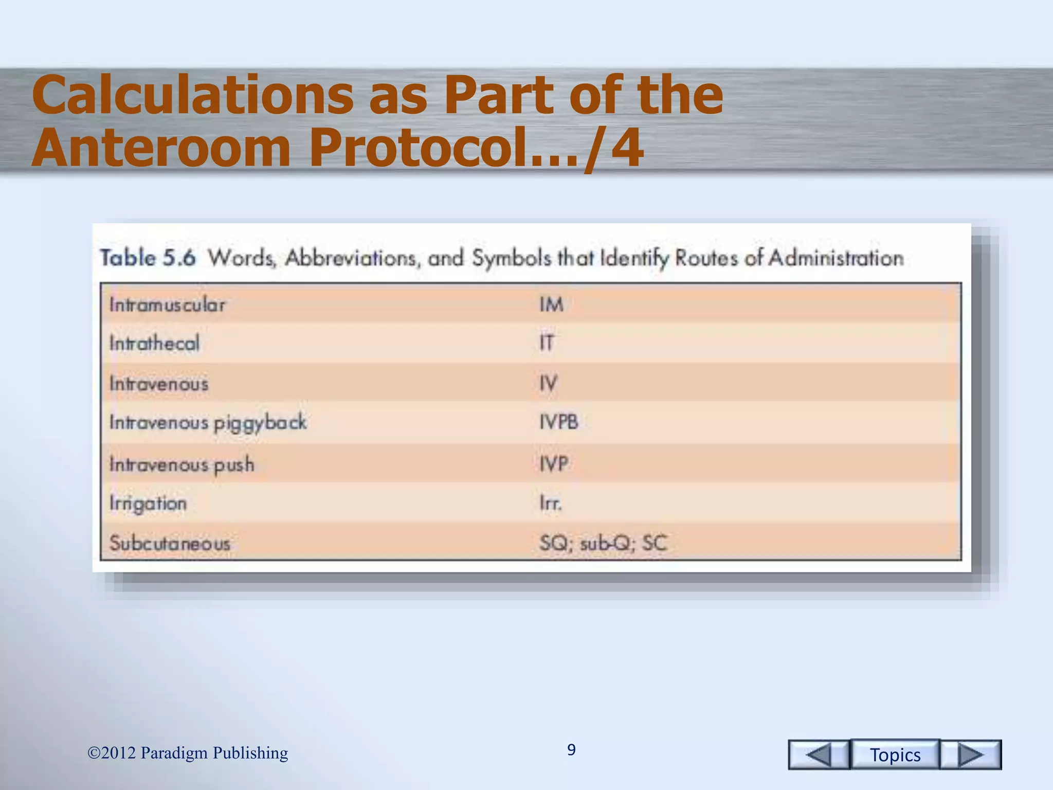 Topics99
Calculations as Part of the
Anteroom Protocol…/4
2012 Paradigm Publishing
 
