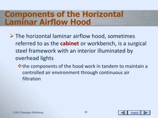 Topics1010
Components of the Horizontal
Laminar Airflow Hood
 The horizontal laminar airflow hood, sometimes
referred to as the cabinet or workbench, is a surgical
steel framework with an interior illuminated by
overhead lights
the components of the hood work in tandem to maintain a
controlled air environment through continuous air
filtration
2012 Paradigm Publishing
 
