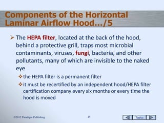 Topics1414
Components of the Horizontal
Laminar Airflow Hood…/5
 The HEPA filter, located at the back of the hood,
behind a protective grill, traps most microbial
contaminants, viruses, fungi, bacteria, and other
pollutants, many of which are invisible to the naked
eye
the HEPA filter is a permanent filter
it must be recertified by an independent hood/HEPA filter
certification company every six months or every time the
hood is moved
2012 Paradigm Publishing
 