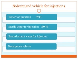 Solvent and vehicle for injections
Water for injection WFI
Sterile water for injection SWFI
Bacteriostatic water for injection
Nonaquous vehicle
 