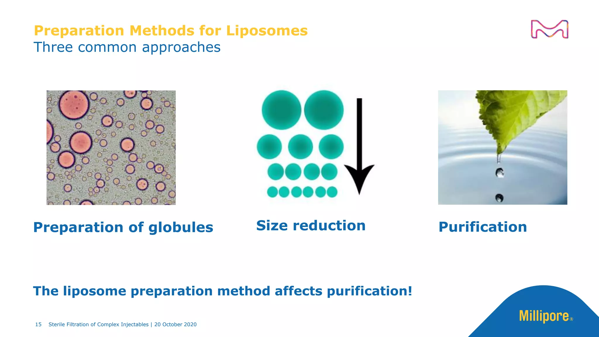 Preparation Methods for Liposomes
Three common approaches
Preparation of globules Size reduction Purification
The liposome preparation method affects purification!
15 Sterile Filtration of Complex Injectables | 20 October 2020
 
