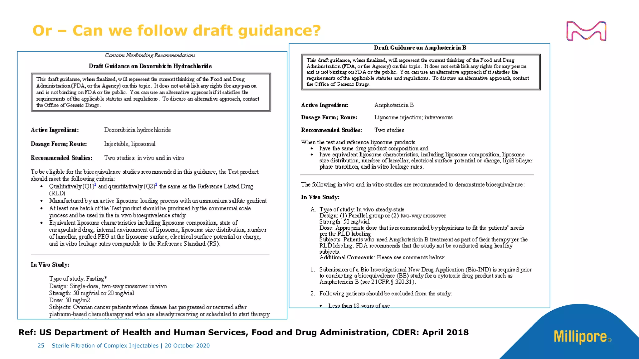 Or – Can we follow draft guidance?
25 Sterile Filtration of Complex Injectables | 20 October 2020
Ref: US Department of Health and Human Services, Food and Drug Administration, CDER: April 2018
 