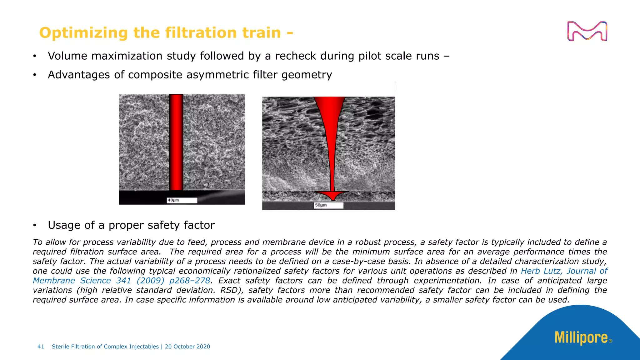 Optimizing the filtration train -
• Volume maximization study followed by a recheck during pilot scale runs –
• Advantages of composite asymmetric filter geometry
• Usage of a proper safety factor
To allow for process variability due to feed, process and membrane device in a robust process, a safety factor is typically included to define a
required filtration surface area. The required area for a process will be the minimum surface area for an average performance times the
safety factor. The actual variability of a process needs to be defined on a case-by-case basis. In absence of a detailed characterization study,
one could use the following typical economically rationalized safety factors for various unit operations as described in Herb Lutz, Journal of
Membrane Science 341 (2009) p268–278. Exact safety factors can be defined through experimentation. In case of anticipated large
variations (high relative standard deviation. RSD), safety factors more than recommended safety factor can be included in defining the
required surface area. In case specific information is available around low anticipated variability, a smaller safety factor can be used.
41
41 Sterile Filtration of Complex Injectables | 20 October 2020
 