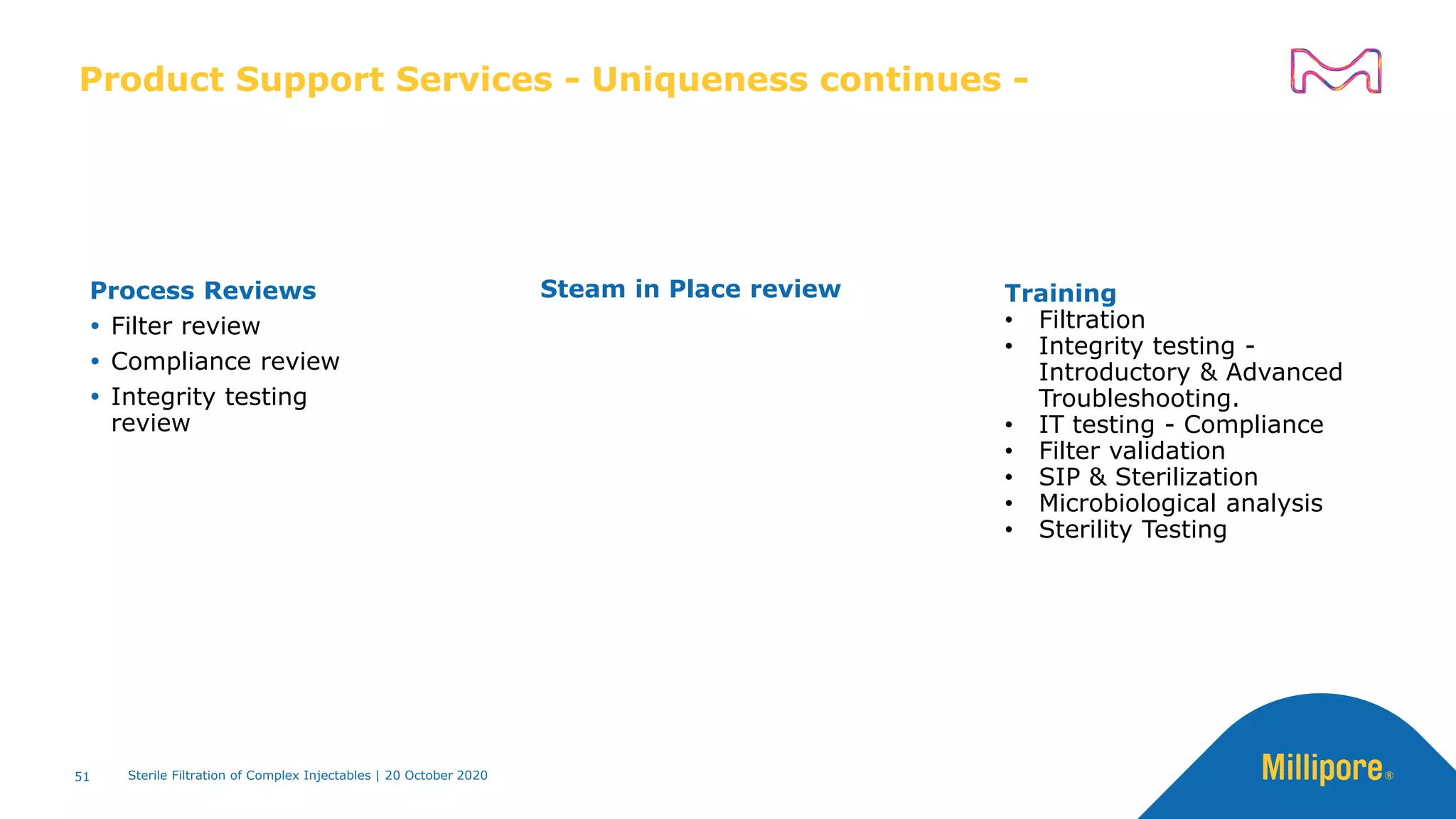 51
Product Support Services - Uniqueness continues -
Process Reviews
 Filter review
 Compliance review
 Integrity testing
review
Steam in Place review Training
• Filtration
• Integrity testing -
Introductory & Advanced
Troubleshooting.
• IT testing - Compliance
• Filter validation
• SIP & Sterilization
• Microbiological analysis
• Sterility Testing
Sterile Filtration of Complex Injectables | 20 October 2020
 