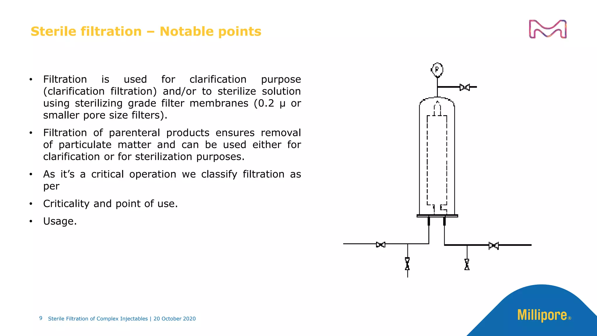 • Filtration is used for clarification purpose
(clarification filtration) and/or to sterilize solution
using sterilizing grade filter membranes (0.2 µ or
smaller pore size filters).
• Filtration of parenteral products ensures removal
of particulate matter and can be used either for
clarification or for sterilization purposes.
• As it’s a critical operation we classify filtration as
per
• Criticality and point of use.
• Usage.
Sterile Filtration of Complex Injectables | 20 October 2020
Sterile filtration – Notable points
9
 