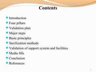 Contents
Introduction
Four pillars
Validation plan
Major steps
Basic principles
Sterilization methods
Validation of support system and facilities
Media fills
Conclusion
References
2
 