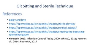 References
• Bailey and love
• https://opentextbc.ca/clinicalskills/chapter/sterile-gloving/
• https://opentextbc.ca/clinicalskills/chapter/surgical-asepsis/
• https://opentextbc.ca/clinicalskills/chapter/entering-the-operating-
room/#navigation
• Kennedy, 2013; Infection Control Today, 2000; ORNAC, 2011; Perry et
al., 2014; Rothrock, 2014
OR Sitting and Sterile Technique
 
