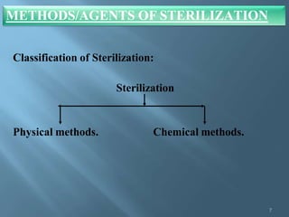Classification of Sterilization:
Sterilization
Physical methods. Chemical methods.
METHODS/AGENTS OF STERILIZATION
7
 