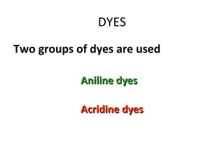 DYES
Two groups of dyes are used
Aniline dyesAniline dyes
Acridine dyesAcridine dyes
 