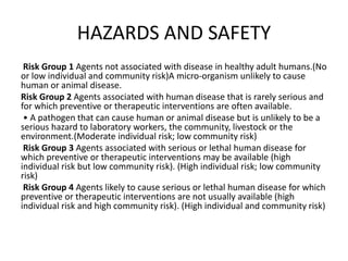 HAZARDS AND SAFETY
Risk Group 1 Agents not associated with disease in healthy adult humans.(No
or low individual and community risk)A micro-organism unlikely to cause
human or animal disease.
Risk Group 2 Agents associated with human disease that is rarely serious and
for which preventive or therapeutic interventions are often available.
• A pathogen that can cause human or animal disease but is unlikely to be a
serious hazard to laboratory workers, the community, livestock or the
environment.(Moderate individual risk; low community risk)
Risk Group 3 Agents associated with serious or lethal human disease for
which preventive or therapeutic interventions may be available (high
individual risk but low community risk). (High individual risk; low community
risk)
Risk Group 4 Agents likely to cause serious or lethal human disease for which
preventive or therapeutic interventions are not usually available (high
individual risk and high community risk). (High individual and community risk)
 