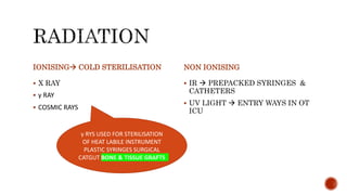 IONISING COLD STERILISATION
 X RAY
 γ RAY
 COSMIC RAYS
NON IONISING
 IR  PREPACKED SYRINGES &
CATHETERS
 UV LIGHT  ENTRY WAYS IN OT
ICU
γ RYS USED FOR STERILISATION
OF HEAT LABILE INSTRUMENT
PLASTIC SYRINGES SURGICAL
CATGUT BONE & TISSUE GRAFTS
 