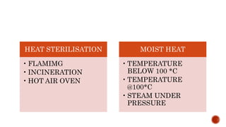 HEAT STERILISATION
• FLAMIMG
• INCINERATION
• HOT AIR OVEN
MOIST HEAT
• TEMPERATURE
BELOW 100 *C
• TEMPERATURE
@100*C
• STEAM UNDER
PRESSURE
 