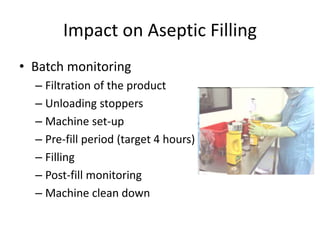 Impact on Aseptic Filling
• Batch monitoring
– Filtration of the product
– Unloading stoppers
– Machine set-up
– Pre-fill period (target 4 hours)
– Filling
– Post-fill monitoring
– Machine clean down
 