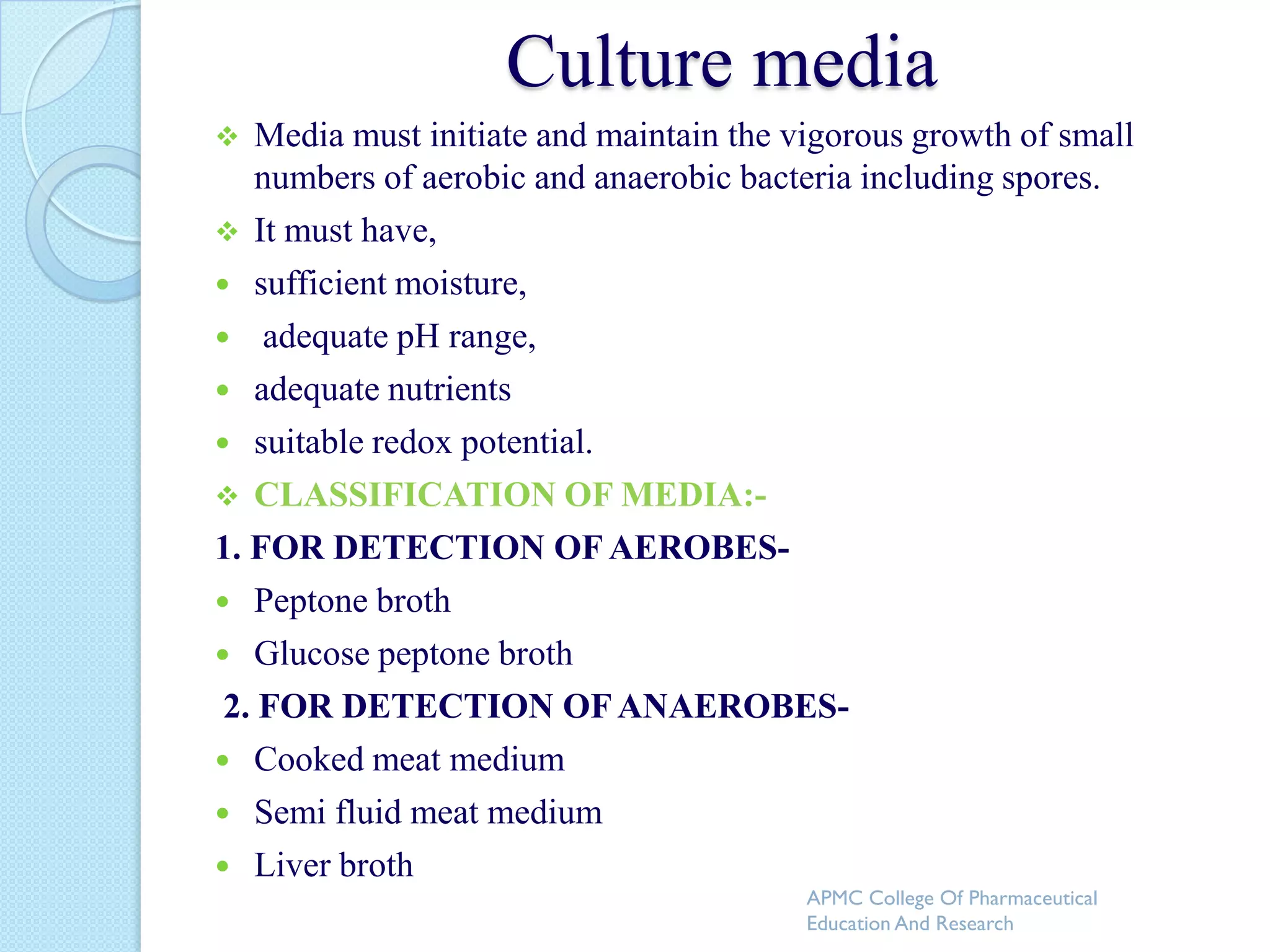 Culture media
  Media must initiate and maintain the vigorous growth of small
   numbers of aerobic and anaerobic bacteria including spores.
 It must have,
 sufficient moisture,
 adequate pH range,
 adequate nutrients
 suitable redox potential.
 CLASSIFICATION OF MEDIA:-
1. FOR DETECTION OF AEROBES-
 Peptone broth
 Glucose peptone broth
 2. FOR DETECTION OF ANAEROBES-
 Cooked meat medium
 Semi fluid meat medium
 Liver broth
                                         APMC College Of Pharmaceutical
                                         Education And Research
 