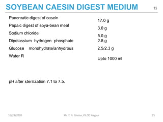 SOYBEAN CAESIN DIGEST MEDIUM
Pancreatic digest of casein
Papaic digest of soya-bean meal
Sodium chloride
Dipotassium hydrogen phosphate
Glucose monohydrate/anhydrous
Water R
pH after sterilization 7.1 to 7.5.
17.0 g
3.0 g
5.0 g
2.5 g
2.5/2.3 g
Upto 1000 ml
15
10/28/2020 Mr. Y. N. Gholse, PJLCP, Nagpur 15
 
