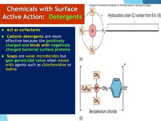  Act as surfactants
 Cationic detergents are more
effective because the positively
charged end binds with negatively
charged bacterial surface proteins
 Soaps are weak microbicides but
gain germicidal value when mixed
with agents such as chlorhexidine or
iodine
Chemicals with Surface
Active Action: Detergents
51
 