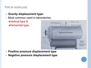 TYPE OF AUTOCLAVE
 Gravity displacement type-
 Most common used in laboratories.
●Vertical type &
●Horizontal type.
 Positive pressure displacement type
 Negetive pressure displacement type
 