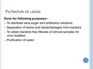 FILTRATION OF LIQUID
Done for following purposes:-
 To sterilized sera,sugar and antibiotics solutions
 Separation of toxins and bacteriophages from bacteria
 To obtain bacteria free filterate of clinical samples for
virus isolation.
 Purification of water.
 