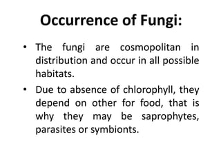 Occurrence of Fungi:
• The fungi are cosmopolitan in
distribution and occur in all possible
habitats.
• Due to absence of chlorophyll, they
depend on other for food, that is
why they may be saprophytes,
parasites or symbionts.
 