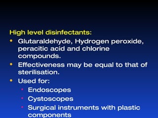 Antiseptics : Chemical disinfectants which can safely applied to living tissues and are used to prevent infection by inhibiting the growth of microorganisms. Asepsis : Technique by which the occurrence of infection into an uninfected tissue is prevented. 