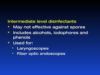 a suffix indicating that the antimicrobial agent will kill or  destroy a certain group of microorganism  suffix “ cide ” – meaning to kill viricide – destroys virus fungicide – destroys fungi   bactericide – destroys bacteria Suffix “ static/stasis ” – meaning to stand still  a suffix indicating that the agent will prevent the growth or  multiplication of the type of organism but are not killed outright  bacteriostatic - prevents the growth of bacteria fungistatic – prevents the growth of fungi 