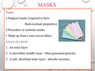 MASKS
Types:
1.Surgical masks (required to have
fluid-resistant properties).
2.Procedure or isolation masks.
• Made up from a non-woven fabric.
Layers of a mask:
1. An outer layer
2. A microfiber middle layer - filter generated particles
3. A soft, absorbent inner layer - absorbs moisture.
 