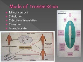  Direct contact
 Inhalation
 Injection/ inoculation
 Ingestion
 transplacental
 