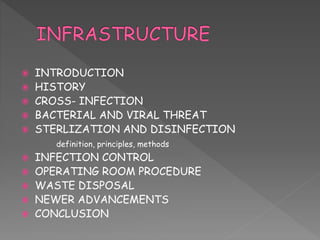  INTRODUCTION
 HISTORY
 CROSS- INFECTION
 BACTERIAL AND VIRAL THREAT
 STERLIZATION AND DISINFECTION
definition, principles, methods
 INFECTION CONTROL
 OPERATING ROOM PROCEDURE
 WASTE DISPOSAL
 NEWER ADVANCEMENTS
 CONCLUSION
 