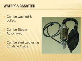 WATER`S CANISTER
 Can be washed &
boiled.
 Can be Steam
Autoclaved.
 Can be sterilized using
Ethylene Oxide.
 