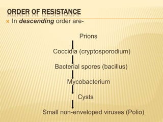 ORDER OF RESISTANCE
 In descending order are-
Prions
Coccidia (cryptosporodium)
Bacterial spores (bacillus)
Mycobacterium
Cysts
Small non-enveloped viruses (Polio)
 