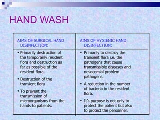 HAND WASH AIMS OF SURGICAL HAND DISINFECTION: Primarily destruction of the temporarily resident flora and destruction as far as possible of the resident flora. Destruction of the transient flora To prevent the transmission of microorganisms from the hands to patients. AIMS OF HYGIENIC HAND DISINFECTION: Primarily to destroy the transient flora i.e. the pathogens that cause transmissible diseases and nosocomial problem pathogens. A reduction in the number of bacteria in the resident flora. It’s purpose is not only to protect the patient but also to protect the personnel. 