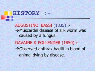 DAVAINE & POLLENDER (1850) :-    Observed anthrax bacilli in blood of  animal dying by disease. HISTORY :- AUGUSTINO  BASSI   (1835)  :-   Muscardin disease of silk worm was  caused by a fungus. 