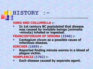 VARO AND COLLUMELLA  :-   In 1st century BC postulated that disease was caused by invisible beings (animalia -minuta) inhaled or ingested. FRANCOSTORIUM OF VERONA   (1546)  :-  Contagium vivum as a possible cause of infectious disease. KIRCHER   (1659)  :-  Reported finding minute worms in a blood of plague victim. VONPLENCIZ   (1762)  :-  Each disease caused by separate agent. HISTORY :- 