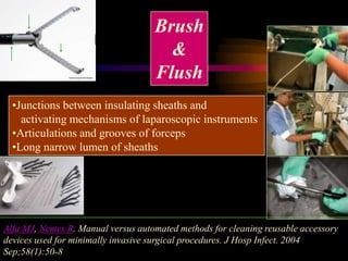 Alfa MJ, Nemes R. Manual versus automated methods for cleaning reusable accessory
devices used for minimally invasive surgical procedures. J Hosp Infect. 2004
Sep;58(1):50-8
Brush
&
Flush
•Junctions between insulating sheaths and
activating mechanisms of laparoscopic instruments
•Articulations and grooves of forceps
•Long narrow lumen of sheaths
 