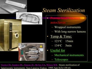 Steam Sterilization
• Porous load Vacuum
autoclaves
– Wrapped instruments
– With long narrow lumens
• Temp & Time;
– 121oC 15min
– 134oC 5min
• Useful for
– Mechanical instruments
– Telescopes
Voyles CR, Sanders DL, Simons JE, McVey EA, Wilson WB. Steam sterilization of
laparoscopic instruments. Surg Laparosc Endosc. 1995 Apr;5(2):139-41.
 