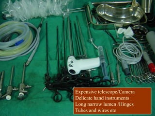 Expensive telescope/Camera
Delicate hand instruments
Long narrow lumen /Hinges
Tubes and wires etc
 