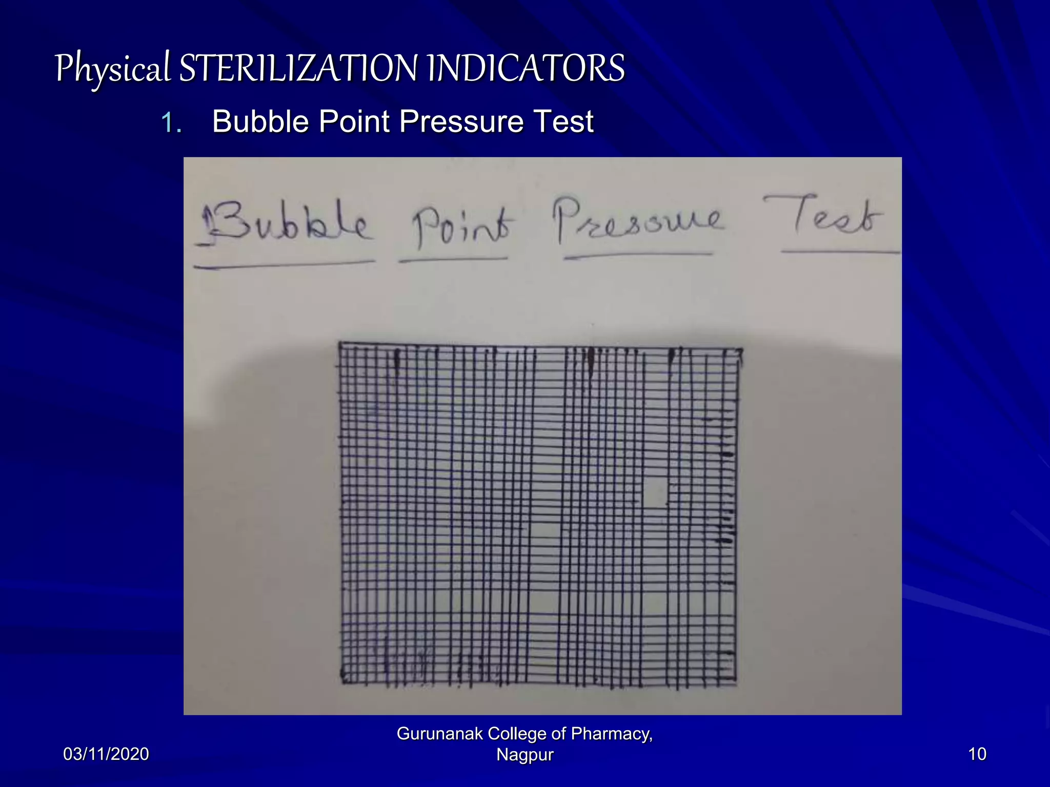 Physical STERILIZATION INDICATORS
1. Bubble Point Pressure Test
03/11/2020 10
Gurunanak College of Pharmacy,
Nagpur
 