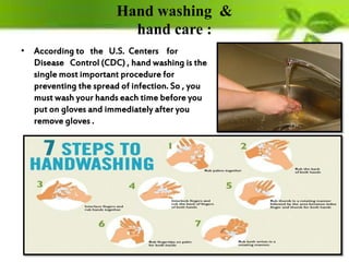 • According to the U.S. Centers for
Disease Control (CDC) , hand washing is the
single most important procedure for
preventing the spread of infection. So , you
must wash your hands each time before you
put on gloves and immediately after you
remove gloves .
Hand washing &
hand care :
 