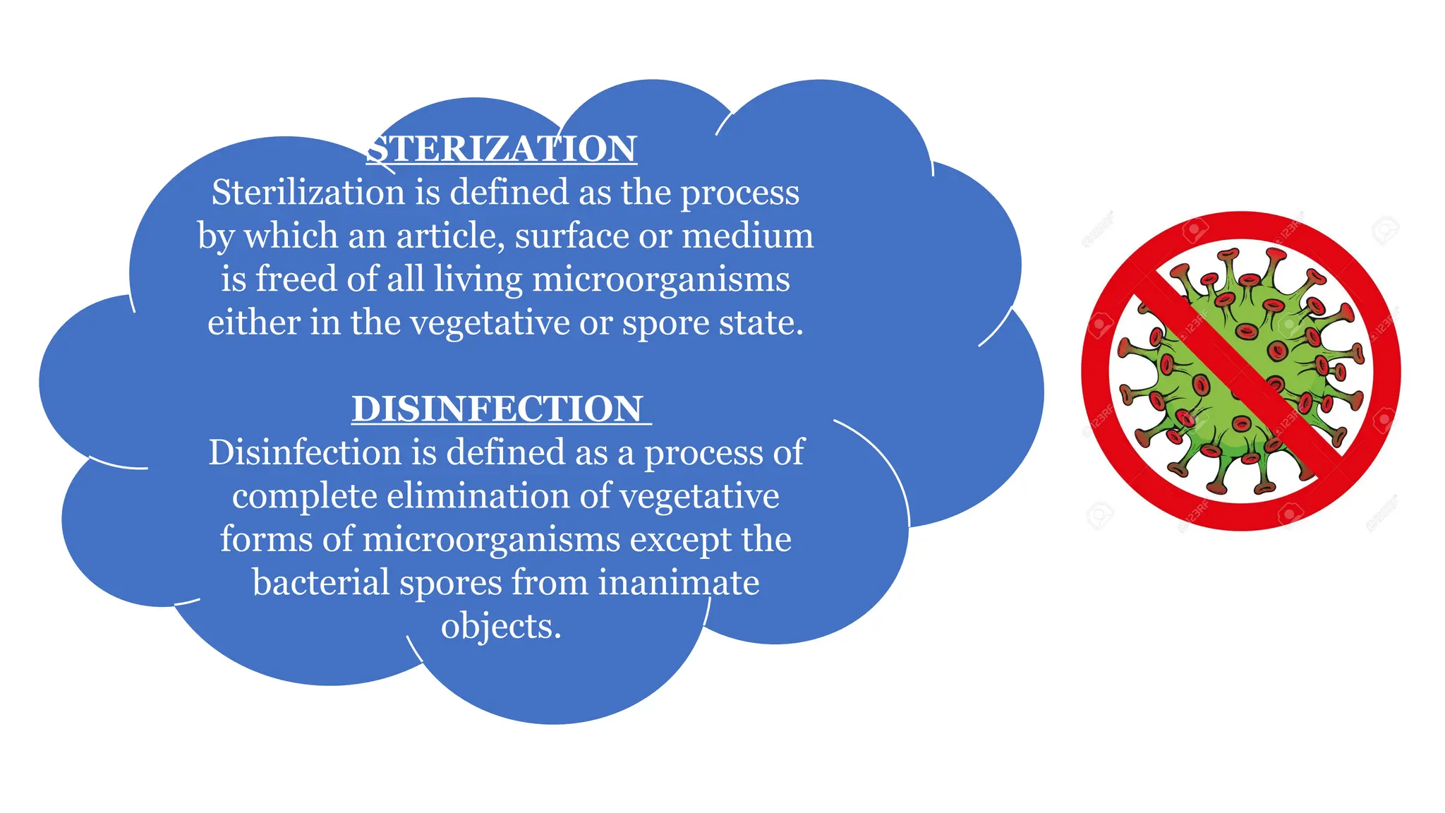 STERIZATION
Sterilization is defined as the process
by which an article, surface or medium
is freed of all living microorganisms
either in the vegetative or spore state.
DISINFECTION
Disinfection is defined as a process of
complete elimination of vegetative
forms of microorganisms except the
bacterial spores from inanimate
objects.
 