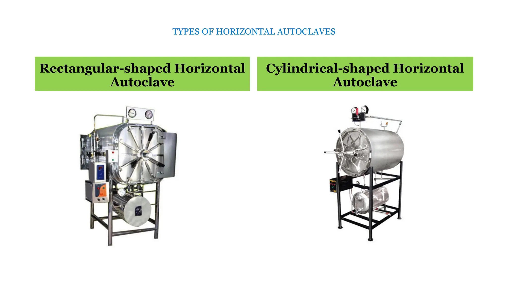 TYPES OF HORIZONTAL AUTOCLAVES
Rectangular-shaped Horizontal
Autoclave
Cylindrical-shaped Horizontal
Autoclave
 