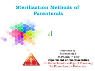 Sterilization Methods of
Parenterals
Presented by
Saravanan.S
M.Pharm Ist
Year
Department of Pharmaceutics
Sri Ramachandra college of Pharmacy
Sri Ramachandra University
 