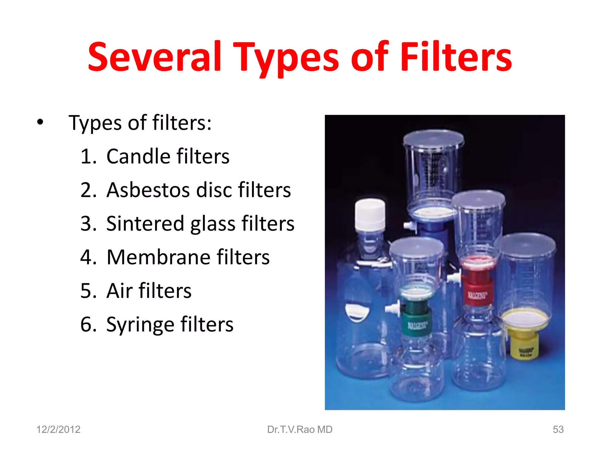 Several Types of Filters
•     Types of filters:
       1. Candle filters
       2. Asbestos disc filters
       3. Sintered glass filters
       4. Membrane filters
       5. Air filters
       6. Syringe filters



12/2/2012                   Dr.T.V.Rao MD   53
 