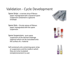 Validation - Cycle Development
Spore Strips - a narrow strip of fibrous
paper impregnated with a bacterial spore
suspension contained in a glassine
envelope
Spore Dots - Circular pieces of fibrous
paper impregnated with the spore
suspension
Spore Suspensions - pure spore
suspension of the desired challenge
organism which can be inoculated onto
the surface of a material
Self contained units containing spore strips
or suspensions and the media in which
they are to be incubated
(simple/convenient to use)
 